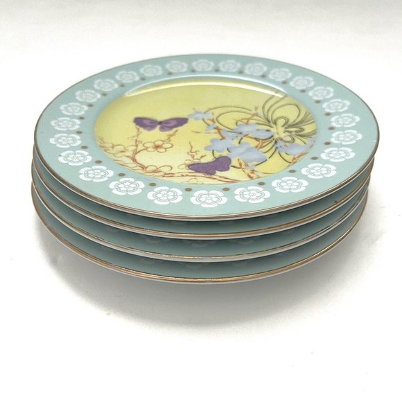Anthropologie Lot of 4 Side Salad Plates Purple Butterfly Gold Rim Floral Spring - Picture 3 of 6